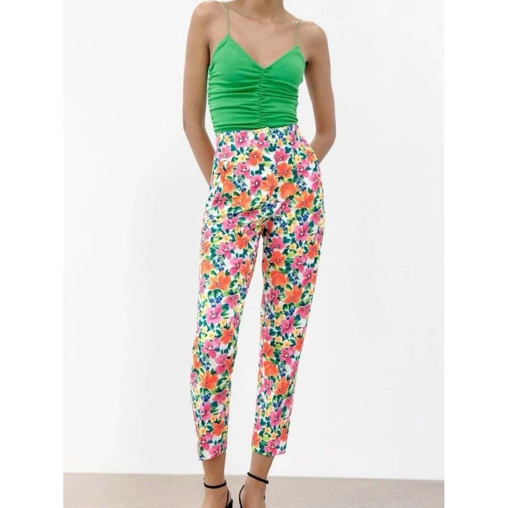 Zara Women Floral High Waisted Multi-Color Straight Leg Trousers Pants Size M